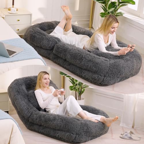 3-in-1 Upholstered Human Dog Bed for Adults & Pets, 5-Position Foldable Lounger Lazy Sofa Bed w/2 Soft Pillows, Comfy Plush Convertible Sleeper Chair Bed Bean Bag for Bedroom Living Room (GrayI)