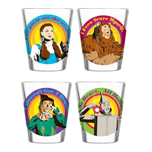 Image of Silver Buffalo Wizard of Oz Featuring Dorothy Gale, Cowardly Lion, Scarecrow, and the Tin Man 4 Pack Mini Glass Set, 1.5 Ounces