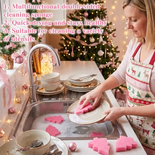 Image of Tioncy 12 Pack Kitchen Sponges Bulk Dual Sided Scrubber Sponges Dishwashing Kitchen Cleaning Accessories for Household Supplies(Christmas Tree, Pink)