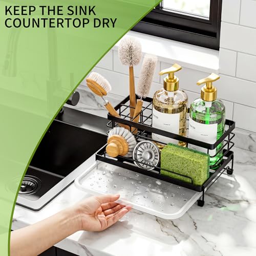 Cisily Black Sponge Holder for Kitchen, Sink Caddy Sink Organizer Rack for Kitchen Accessories with Drip Tray, Rustproof and Non-slip, Soap Dispenser Countertop Organizer Essentials for New Home by Cisily - Image 4