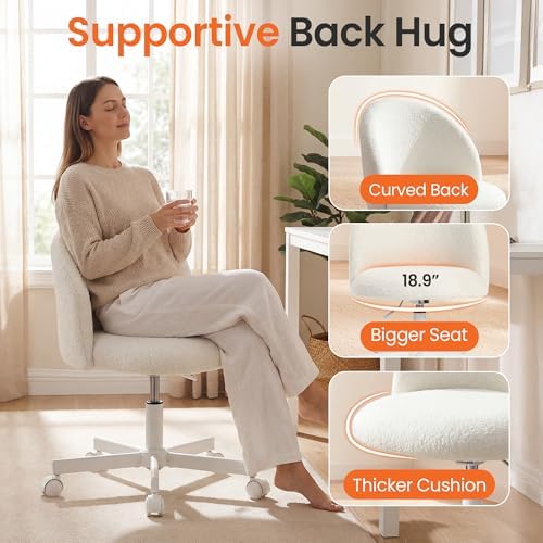 NEO CHAIR Office Vanity Chair with Wheels Comfy Desk Chair for Girls Cute Computer Small Armless Adjustable Height Swivel for Home Bedroom Task (White) — view 2