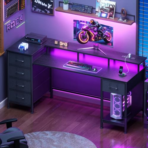 Image of Korfile 55 Inch Computer Gaming Desk with Power Outlets LED Lights Reversible Home Office with Adjustable Fabric Storage Drawers for Working Writing Study, Black