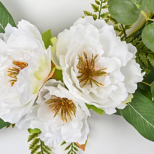 Spring Wreath For Front Door, Eucalyptus Door Wreaths With White Peony Flowers, Artificial Summer Green Fern Wreath For Outdoor Farmhouse Home Wall Kitchen Window Decor(28" Lx14 W, White) #TOP5