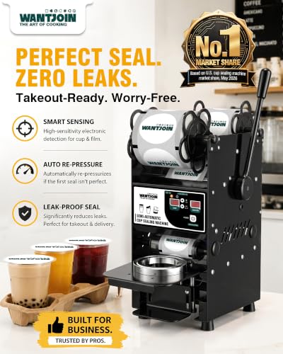 Image of WantJoin Semi Automatic Cup Sealing Machine, 2S Cup Sealer Machine Black | Auto Film Calibration, Cup Counting, PP PET Paper Cups for Bubble Tea Shops /Cafe /Juice Bar