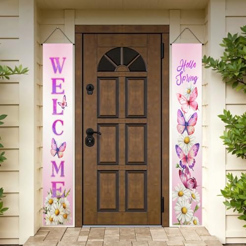 Harooni Spring Butterflies Porch Sign Banner 71x12 Inch Spring Summer Welcome Banner Front Porch Decoration White Daisy Flower Vintage Seasonal Holiday Wall Hanging for Home Indoor Outdoor Party Decor