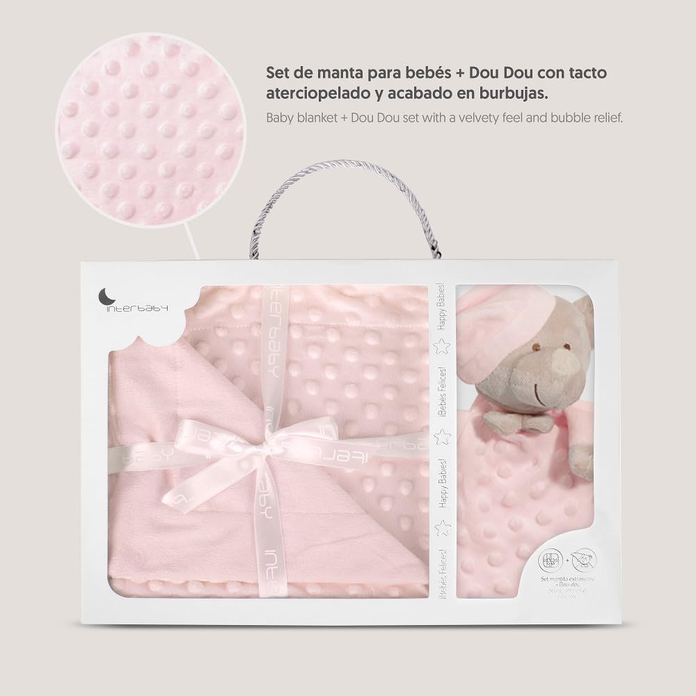 Interbaby Copertina + Doudou Neonato | Copertina Neonato Cotone 80x110cm a Bolle + Peluche Orsetto 28x17cm | Regalo Nascita Neonato Maschio e Femmina in Confezione Regalo (Rosa)