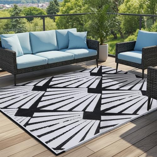 Reversible Outdoor Plastic Straw Rug 5x8 Ft, Waterproof Foldable Camping Mat with Uv Protection, Quick-Dry Plastic Straw Patio Carpet for Deck Rv Porch Backyard Black & White