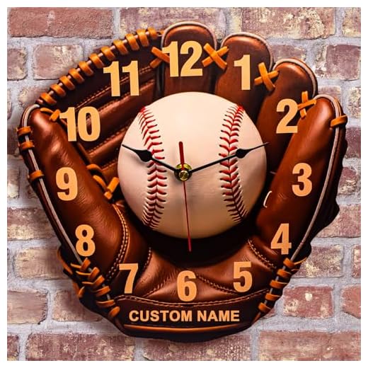 Baseball Glove Wall Clock with Customizable Name,Wooden Printing,Silent Pointers,Using AA Batteries，16,14,12,10 inches,Brown Leather Design,Living Room,Bedroom,Office Decoration