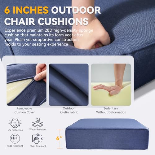 Image of 6 inch Thicker Outdoor Chair Cushion 4 Sets - 22 inch *24 inch *6 inch Waterproof Patio Furniture Cushions with Removable Cover, 28D High Density Sponge Filling Thicken Outdoor Patio Cushions - Blue