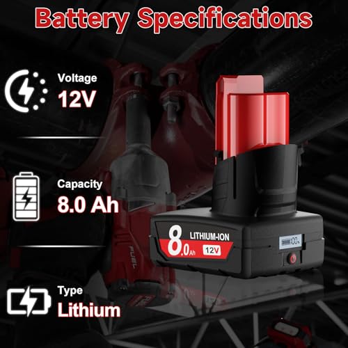 Image of 2Pack 8.0Ah Replacement for Milwaukee M12 Battery Charger Kit 12V Lithium Batteries with LCD Display Compatible with 12 Volt 48-11-2420 48-11-2401 48-11-2402 48-11-2430 48-11-2440 Cordless Power Tools