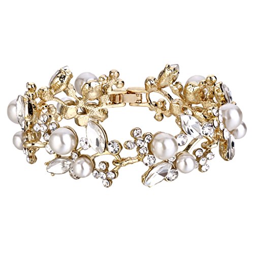 EVER FAITH Gold-Tone Austrian Crystal White Simulated Pearl Bridal Floral Leaf Tennis Bracelet Clear