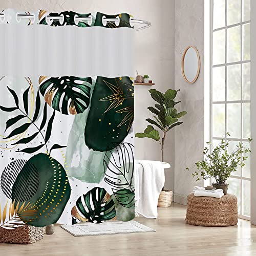 Rezaymrs Boho Green Leaf Shower Curtain No Hooks, 71X74 Inch Waterproof, Polyester Shower Curtains With Snap In Fabric Liner, Sheer Top Window, Double Layer Mid Century Modern Shower Curtains Set #TOP1