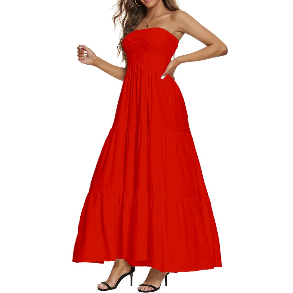 Women's Casual Off Shoulder Maxi Dress Strapless Tube Top Bohemian Beach Long Dresses 092