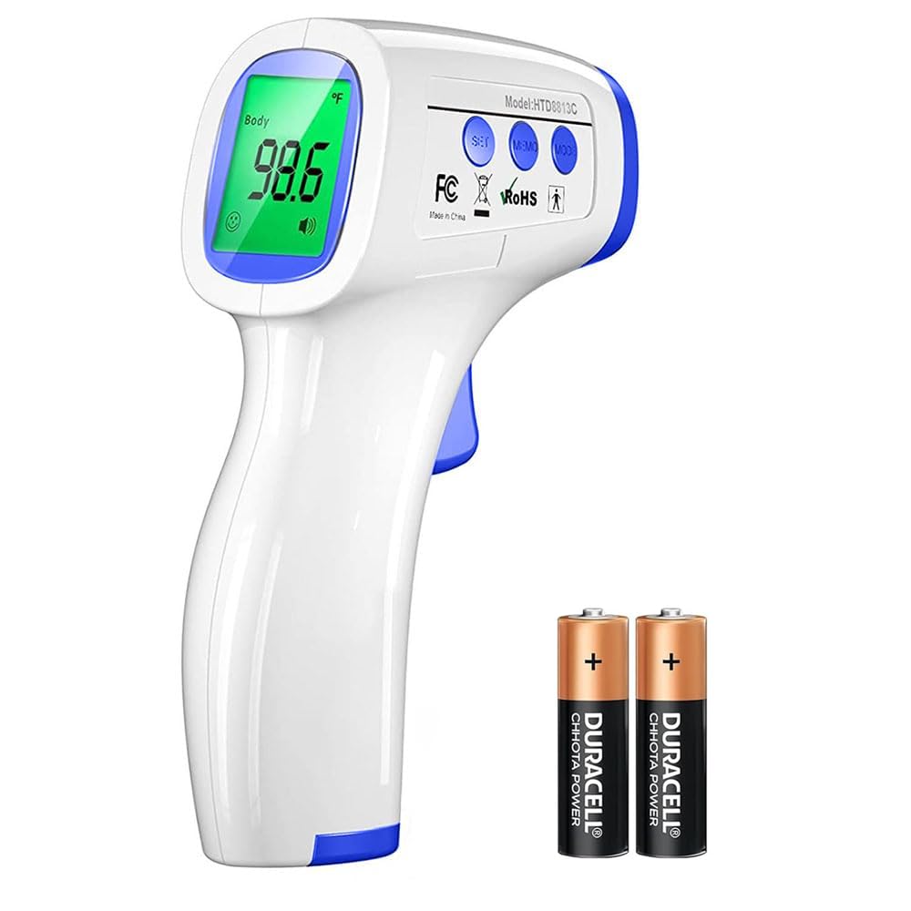 DR VAKU® Digital Thermometer For Fever Non-Contact Laser Infrared Forehead Thermometer Temperature Gun Accurate Reading with Large Display Battery Included] - White and Dark Blue, Plastic