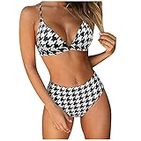 keeljoyplay Womens Summer Beach 2 Pieces Bikini Sets Swimwear Sexy V Neck Houndstooth Swimsuits Heigh Cut Bathing Suits White