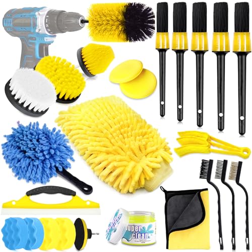 NCKIHRKK Kit Limpieza Coche, 25 Piezas Cepillo Limpieza Coche para Interior y Exterior, Kit de Lavado de Auto con Cepillo para Taladro, Esponja Pulir Coche, Gel Limpiador Coche