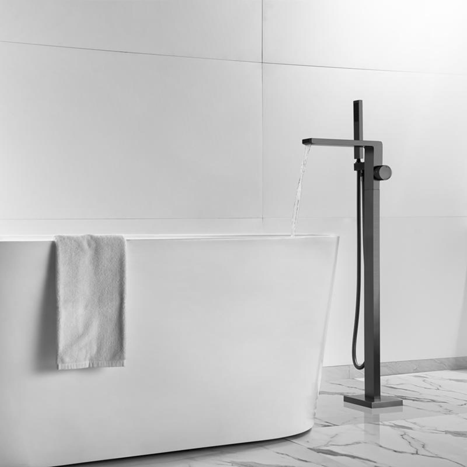 HADECOLL Freestanding Bath Waterfall Tap Brass Freestanding Bathtub Faucet Floor Freestanding Bath Tap Faucet Free Standing Bath Mixer Tap, Grey