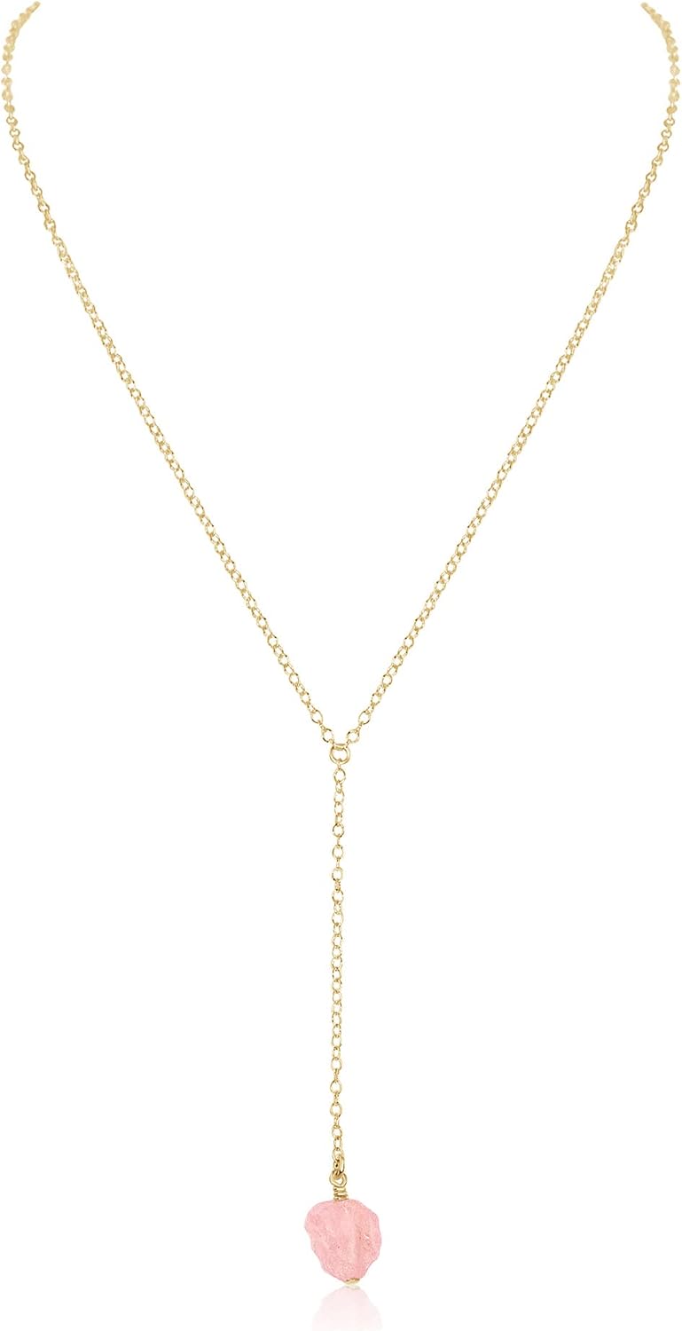 Luna Tide Rose Quartz Raw Nugget Lariat in 14k Gold Fill