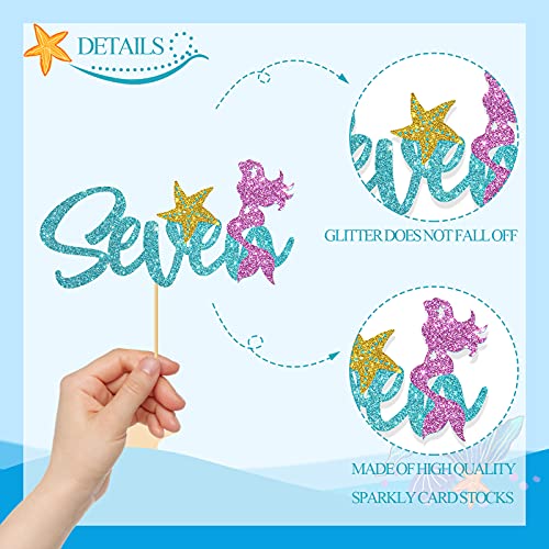 Glitter Mermaid Seven Cake Topper/Children Girl's 7Th Birthday Cake Decor/Ocean Under The Sea Mermaid Seven Theme Party Supplies/Sky Blue & Pink #TOP2
