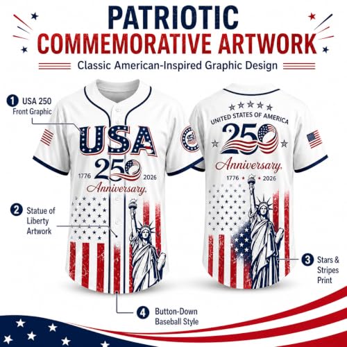 USA Camiseta de Béisbol por el 250 Aniversario, Estatua de la Libertad con Bandera USA, Camisa Transpirable con Botones miniatura 5