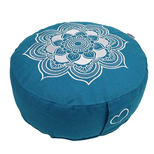 Meditationskissen Yogakissen Celine Madeleine mit Stickerei Bezug waschbar Innenkissen mit Bio-Dinkelspelzen 33 x 15 cm Anfänger und Geübte in grau oder buddhistisch rot (türkis (Kordelzug)