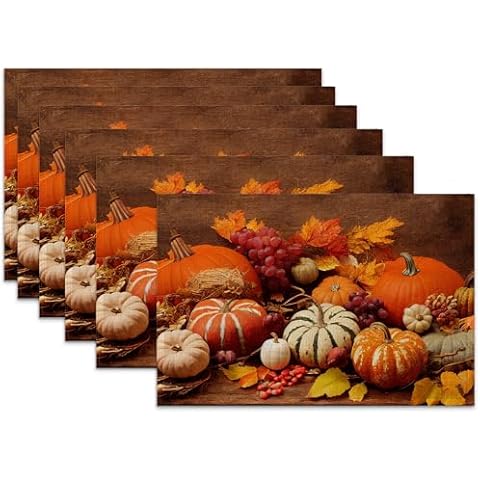 Orange Pumpkins Linen Placemats Set of 6,12x18 Inch Fall Thanksgiving Washable Table Mats Heat Resistant Place Mats for Home Party Kitchen Dining Decoration Cover