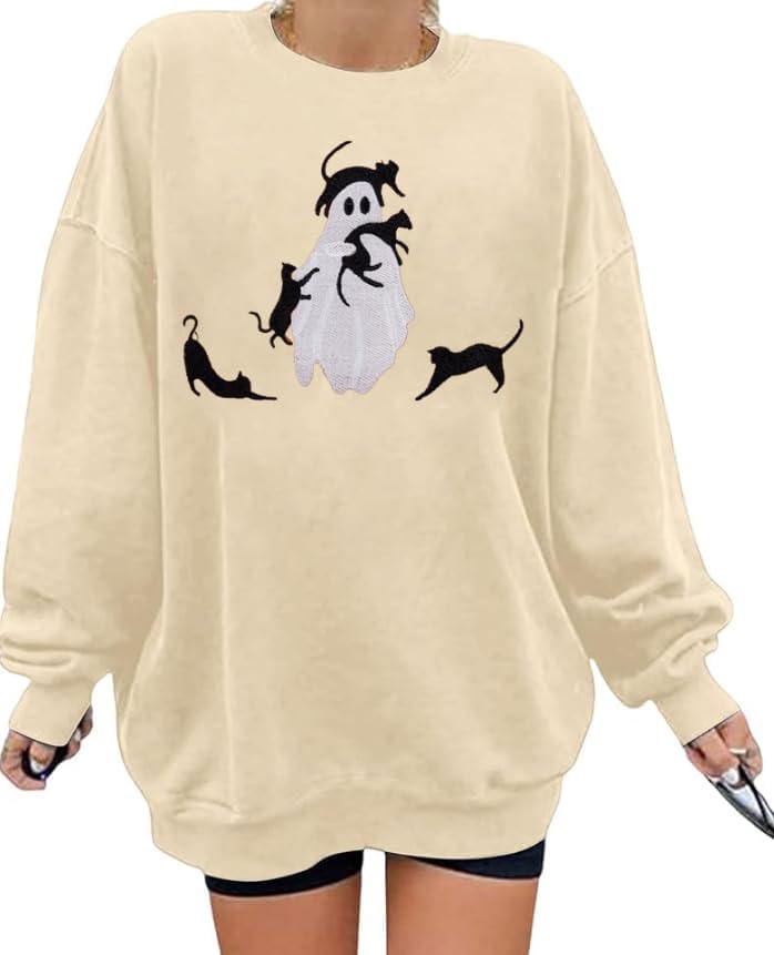Halloween Spooky Season Sweatshirt Women: Oversized Black Cat Ghost Sweatshirts Fall Embroidered Pullover Top