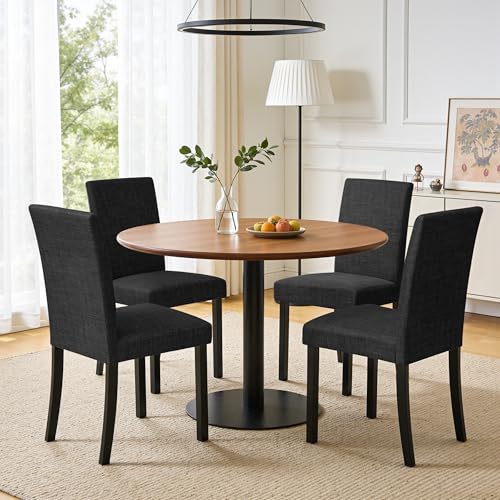 CHUN YI Upholstered Dining Chairs Set of 4, Fabric Dining Room Chairs with Solid Wood Legs, Modern Parson Chairs for Kitchen, Restaurant, Hotel, Black
