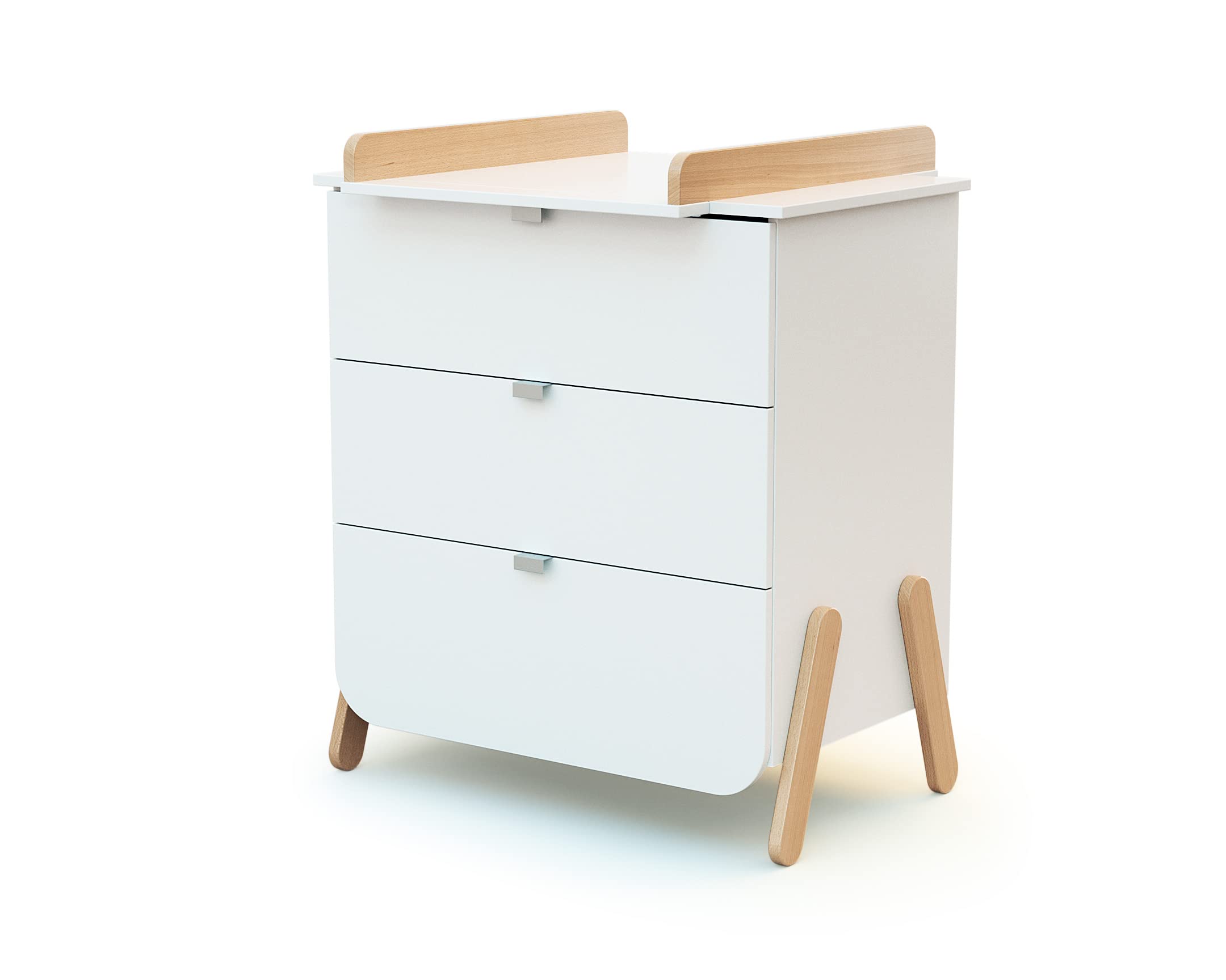 AT4 - Commode à langer 3 tiroirs en bois PIRATE Blanc et Hêtre|Plan à langer amovible inclus|79 x 66 x 84,5 cm|Pour chambre bébé