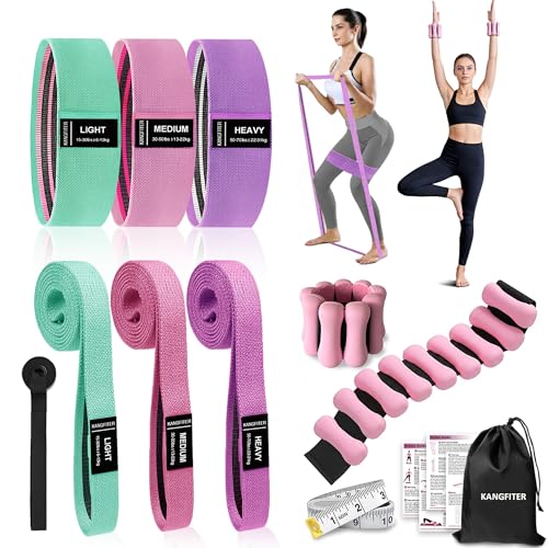Image of KANGFITER Long and Short Fabric Resistance Bands with Ankle Weights, Non-Slip Stretch Booty Bands for Working Out Women & Men, Loop Exercise Elastic Bands for Home Physical Therapy Yoga Pilates