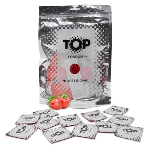 TOP Kondome 40 Stück Packung, Erdbeere, natürlich und gefühlsecht, aus Latex, mit Reservoir, Durchmesser 53 mm, für Männer