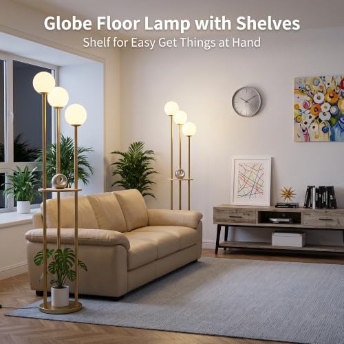 Image of Fiqevs 3 Globe Floor Lamp with Shelves - Living Room Modern Standing Lamp