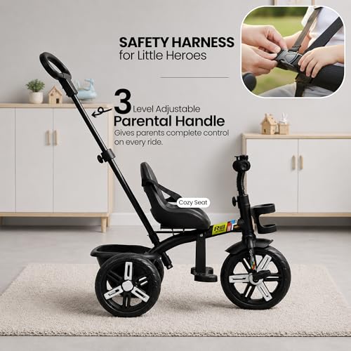 Image of Luusa Elite 500 Kids Tricycle with Parent Push Handle & Safety Seat Belt - Premium 3 Wheel Toddler Cycle with Storage Basket & Comfortable Backrest for 1-4 Years Boys & Girls (Black)
