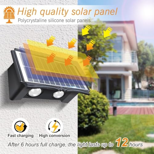 Image of kh Solar Outdoor Wall Light Up & Down | 4 LED Solar Wall Lamp with Warm White Light | IP65 Waterproof Exterior Lighting for Garden, Patio, Balcony, Garage, Pathway & Home Wall (1 Piece)