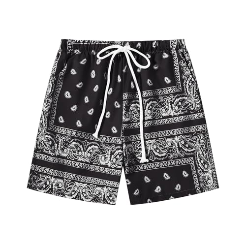 Eymitory Boys Paisley Shorts Boho Drawsring Waist Casual Gym Beach Bandana Summer Bandana Shorts with Pockets Black