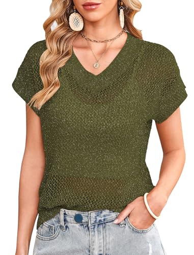 Cakulo Blusa feminina de crochê de verão 2025 manga curta gola V ...