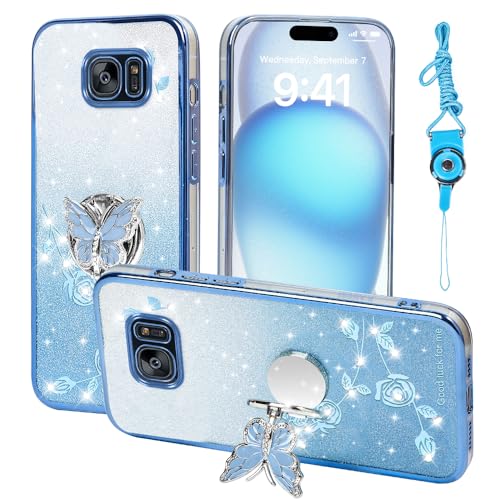 RTYQXK for Samsung Galaxy S7 (Not Fit S7 Edge) Phone Case,for Galaxy S7 Mobile Phone Case for Women and Girl, Glitter Butterfly Floral TPU Protective Cover with Kickstand+Strap for Samsung S7 (Blue)