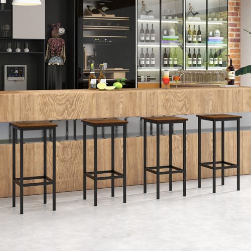 Image of COSTWAY Industrial Bar Stools Set of 4, 26 inch Backless Square Breakfast Bar Chairs with Metal Frame and Footrest, Counter Height Stools for Kitchen Island Dining Room Living Room, Rustic Brown