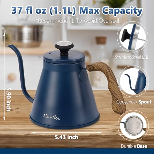 Image of Harriet Gooseneck Kettle with Thermometer for Pour Over Coffee and Tea, 37 fl oz, Stainless Steel, Durable 3-Layer Base, Ideal Spout for Precision Pouring, Compatible with all Stove Tops, Blue