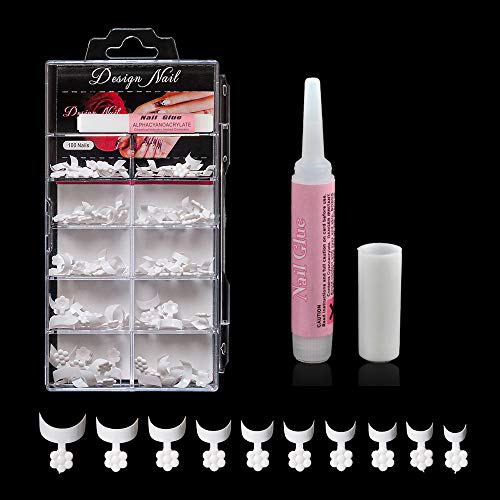 Vcedas 100PCS French Short Style Acrylic French Manicure Tip Nails Short Finger Sticker Extension Tool 2PCS Nail Glue with Box for DIY Nail Salons