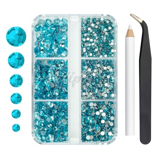 qiipii 2550pcs Water Blue Aquamarine Nail Art Flatback Rhinestones for Face Makeup Lake Blue Nail Gems Gemstones K9 Glass SS4~SS20 6 Sizes Diamonds Stones Crystals w Tweezer & Picking Pen