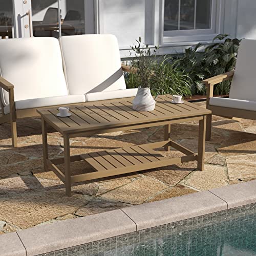 Taylor & Logan Charlestown All-Weather Poly Resin Wood Two Tiered Adirondack Slatted Coffee Conversation Table, Set Of 1, Natural Cedar #TOP19
