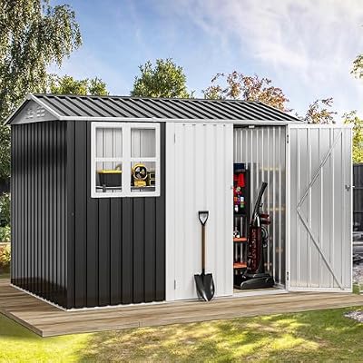 DWVO 8' x 6' Outdoor Storage Shed, Waterproof Metal Garden Shed with Windows, Lockable Doors, and Sloped Roof for Patio, Backyard, Lawn, Tool Storage, Bike Shed, Pet Shelter (Gray + White)