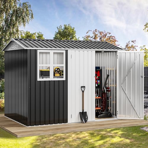 Image of DWVO 8' x 6' Outdoor Storage Shed, Waterproof Metal Garden Shed with Windows, Lockable Doors, and Sloped Roof for Patio, Backyard, Lawn, Tool Storage, Bike Shed, Pet Shelter (Gray + White)