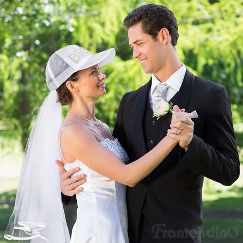 Image of Framendino, Bachelorette Bride White Trucker Hat Baseball Cap with Detachable Veil for Party
