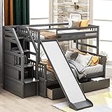 Twin Over Full Bunk Bed with Drawers, Storage and Slide, Multifunction Wood Loft Bed for Kids, Adults (Gray)