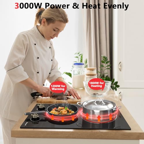 Image of 2 Burner Electric Cooktop - 12 Inch Electric Stove Top 3000W, 220V Built-in Ceramic Cook Top with Retro Knob, 9 Power Heating Level, 220-240V Hard Wired