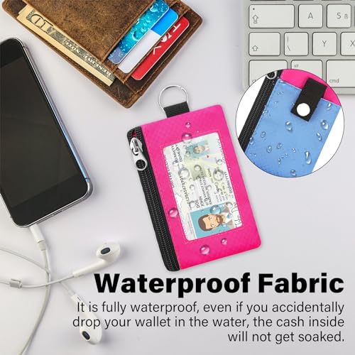 Image of Minimalist RFID Blocking Wallet with Lanyard, Functional ID Case with 2 Zipper Pockets and Key Chain for Men and Women, Tactical Badge Pouch Cards Holder, Coin Purse for Travel Sports-Rose