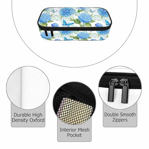 Image of Blue Flower Pencil Holder Bag Hydrangea Butterflies Floral Green Leaves Pencil Case College Office School for Teens Boy Girl