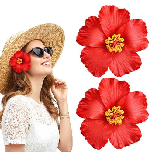 2Pcs Hawaiian Flower Hair Clips Plumeria Hibiscus Flower Clips Hawaiian Hair Accessories for Tropical Beach Wedding Party Bridal Summer Vacation Seaside Events (Red)